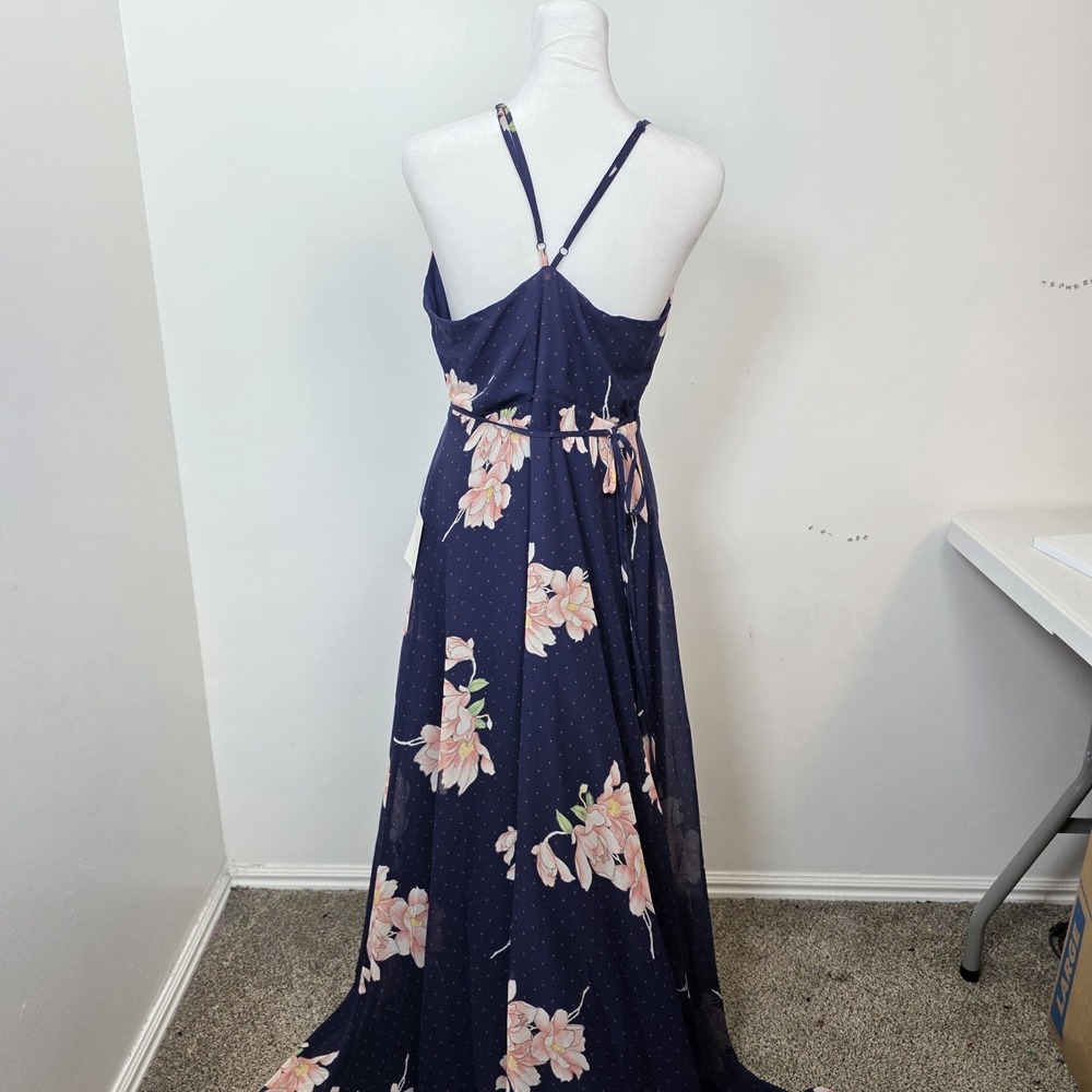 Lulus Navy Blue Floral Polka Dot Loiselle Wrap Boho Romantic Maxi Dress Size M - Picture 6 of 9